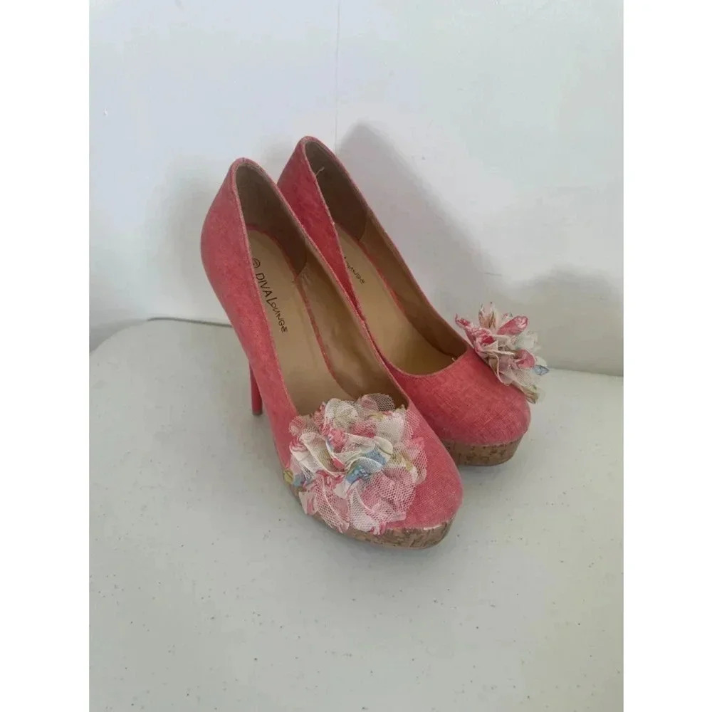 Women's Diva Lounge Pink‎ Floral Platform 6” High Heels Size 8.5 EUC!